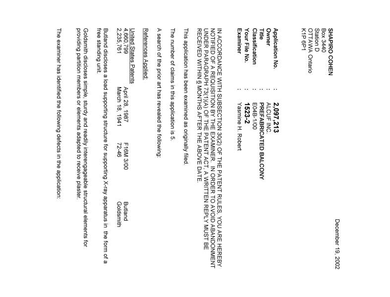 Canadian Patent Document 2097213. Prosecution-Amendment 20021219. Image 1 of 2
