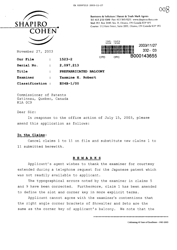 Document de brevet canadien 2097213. Poursuite-Amendment 20031127. Image 1 de 5