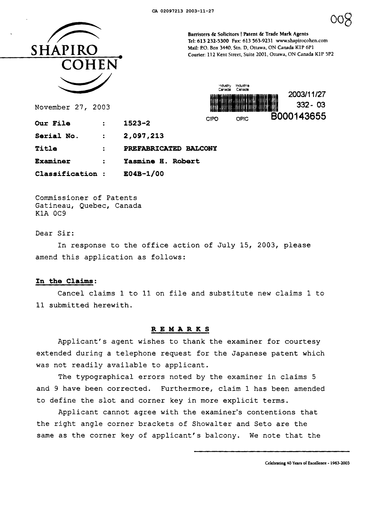 Canadian Patent Document 2097213. Prosecution-Amendment 20031127. Image 1 of 5