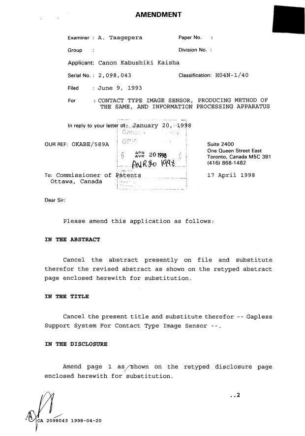 Canadian Patent Document 2098043. Prosecution Correspondence 19980420. Image 1 of 4