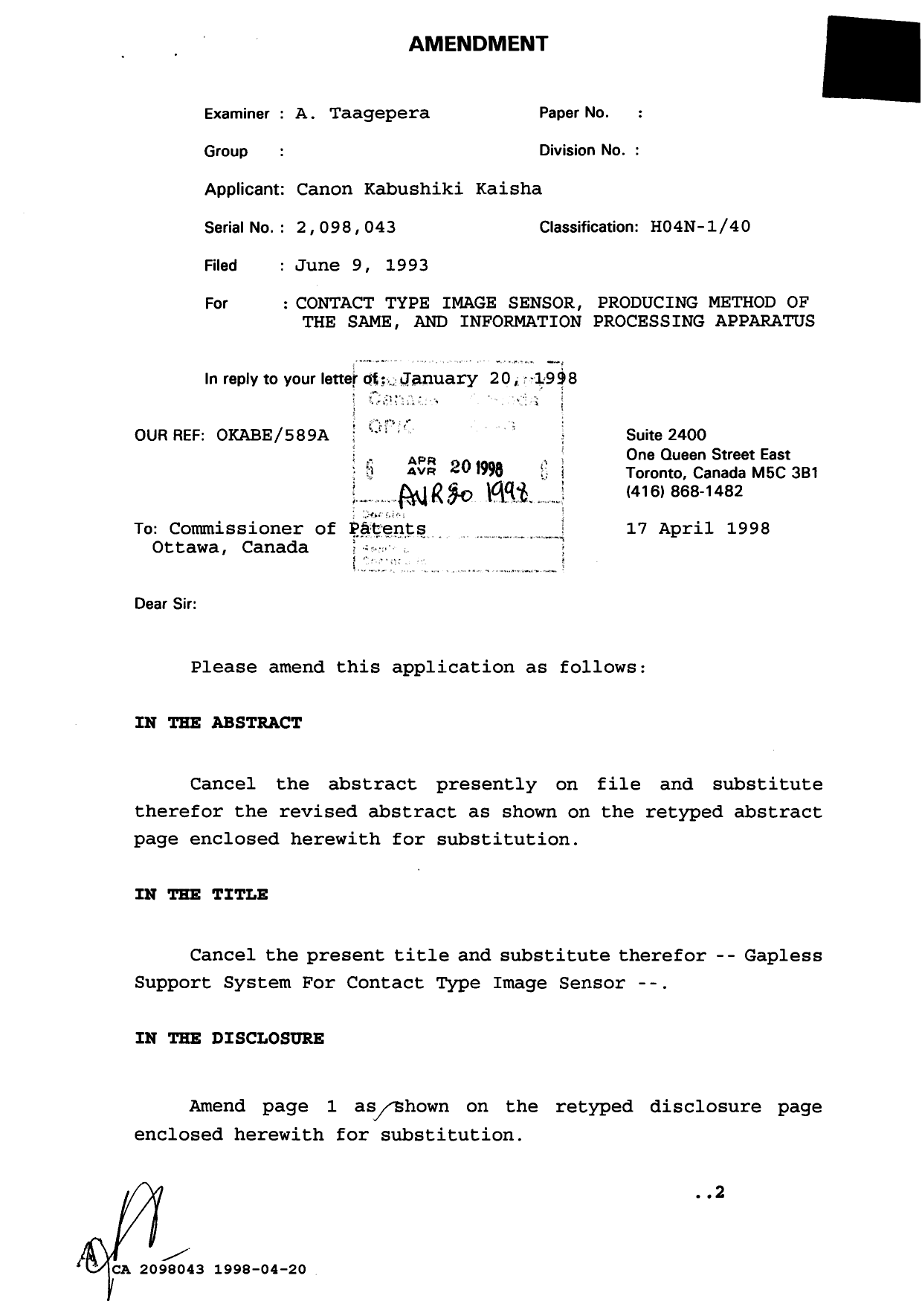 Canadian Patent Document 2098043. Prosecution Correspondence 19980420. Image 1 of 4
