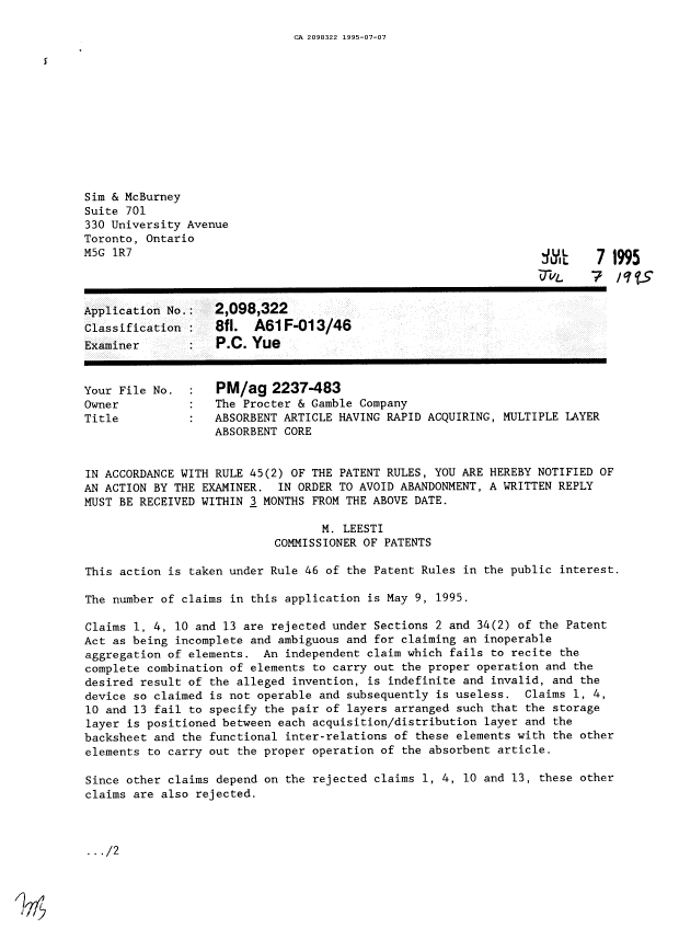 Canadian Patent Document 2098322. Prosecution-Amendment 19941207. Image 1 of 2