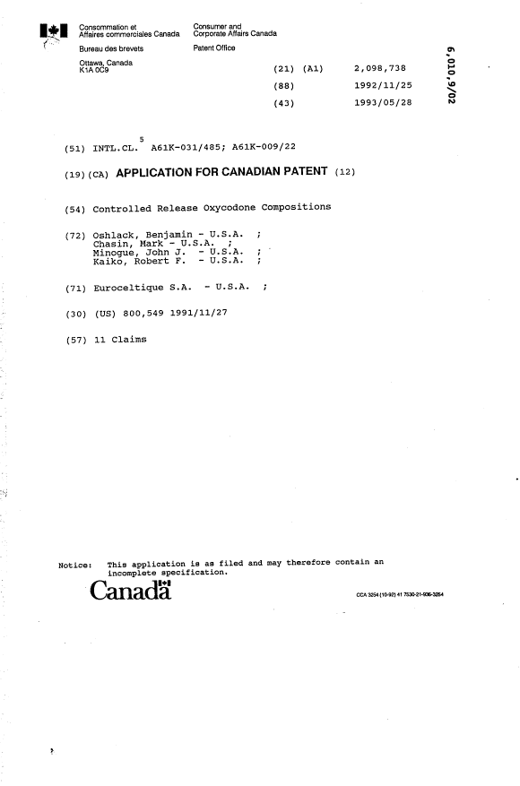 Canadian Patent Document 2098738. Cover Page 19931211. Image 1 of 1