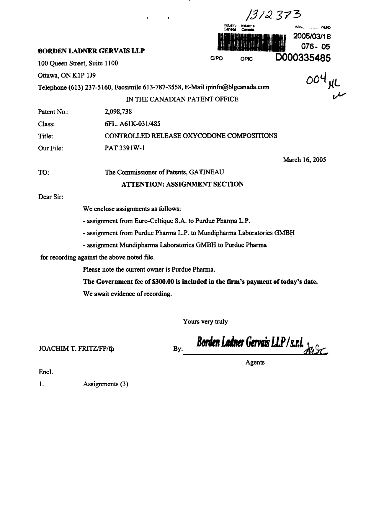Document de brevet canadien 2098738. Cession 20041216. Image 1 de 7