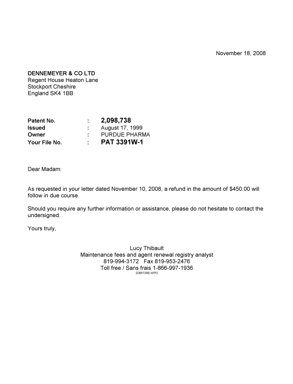 Canadian Patent Document 2098738. Correspondence 20071218. Image 1 of 1