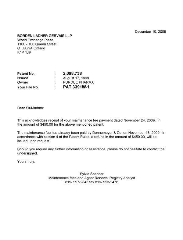 Canadian Patent Document 2098738. Correspondence 20081210. Image 1 of 1