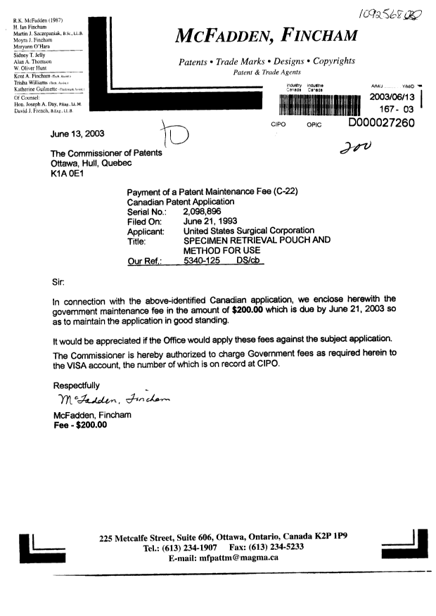 Document de brevet canadien 2098896. Taxes 20030613. Image 1 de 1