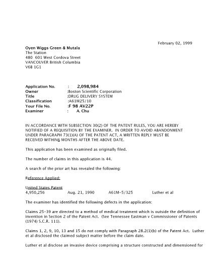 Canadian Patent Document 2098984. Prosecution-Amendment 19981202. Image 1 of 2