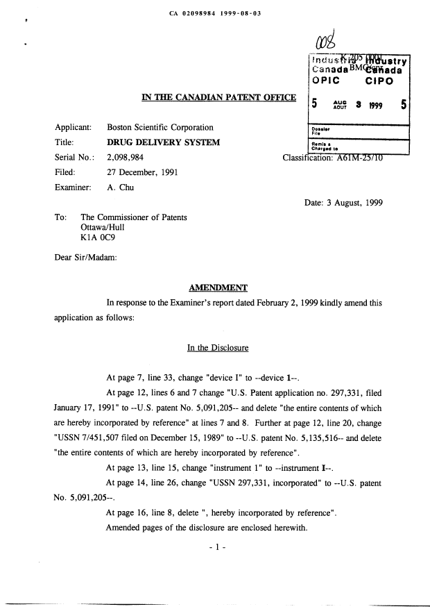 Canadian Patent Document 2098984. Prosecution-Amendment 19981203. Image 1 of 11