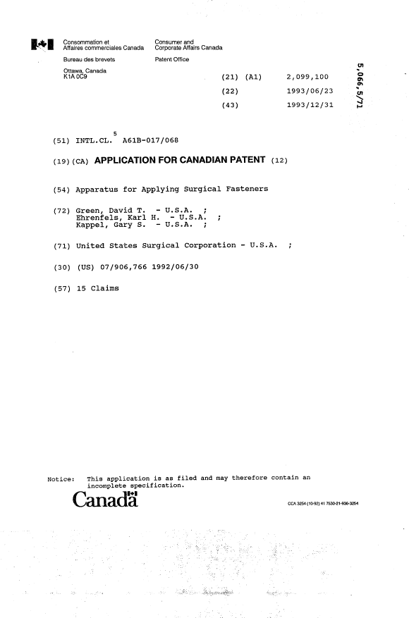 Document de brevet canadien 2099100. Page couverture 19940313. Image 1 de 1