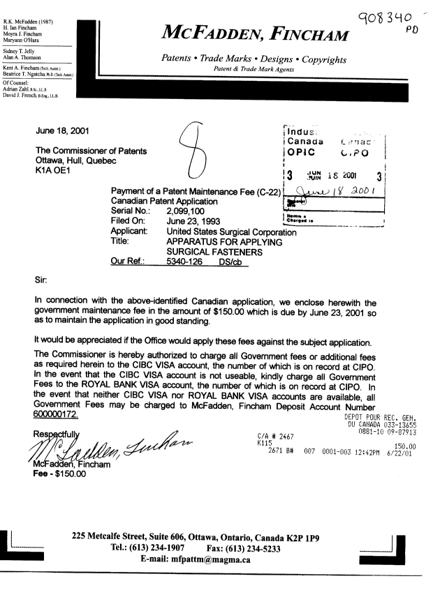 Document de brevet canadien 2099100. Taxes 20010618. Image 1 de 1
