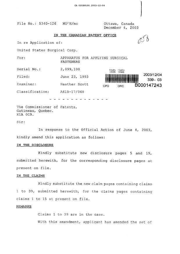 Document de brevet canadien 2099100. Poursuite-Amendment 20031204. Image 1 de 15