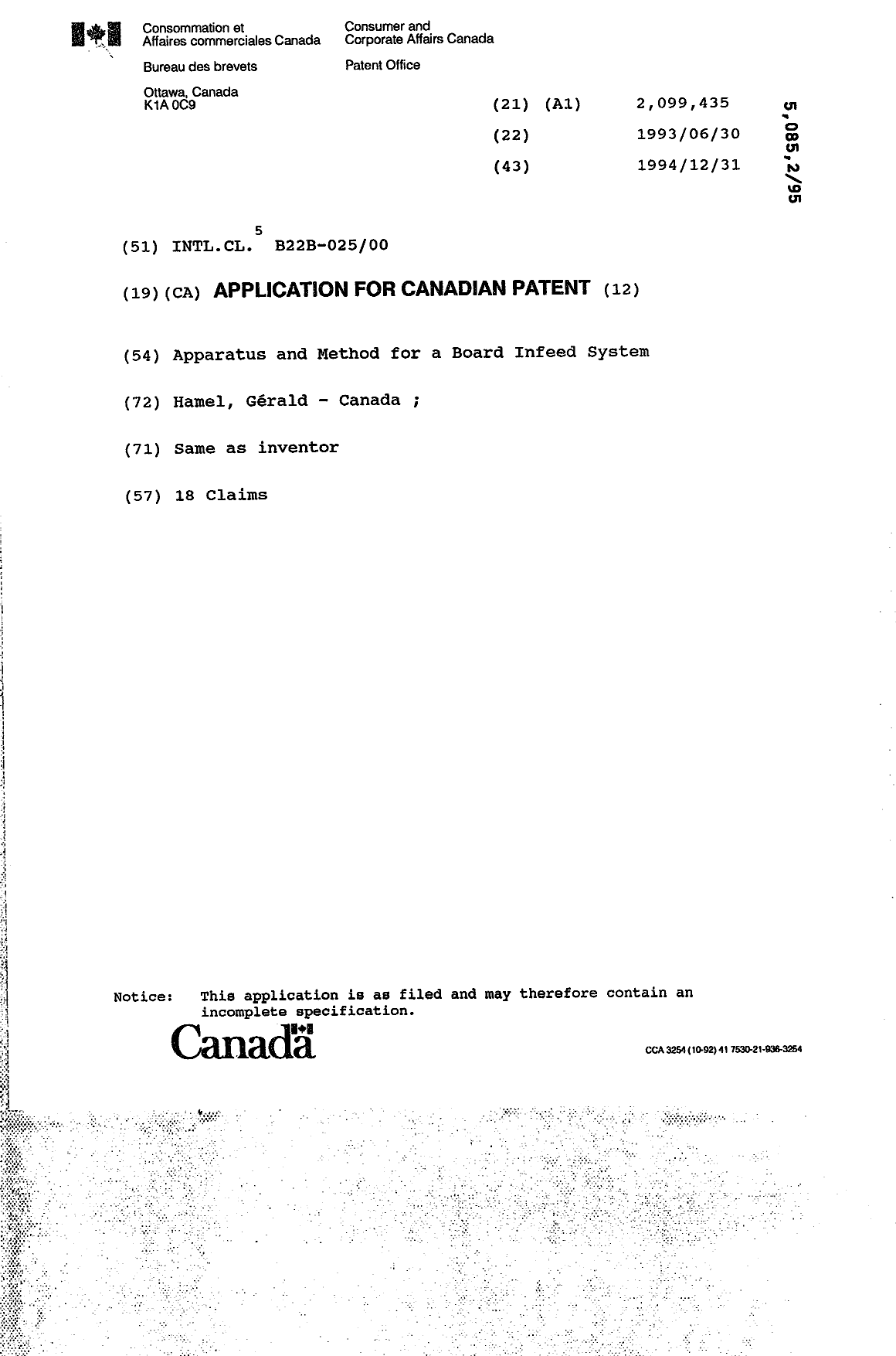 Canadian Patent Document 2099435. Cover Page 19950414. Image 1 of 1