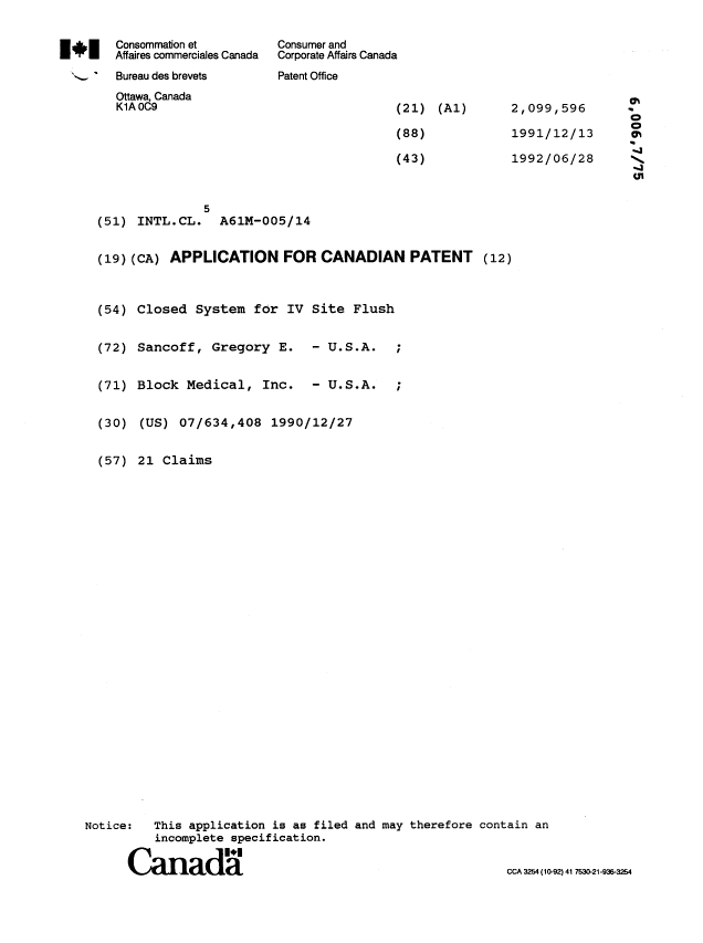 Canadian Patent Document 2099596. Cover Page 19970225. Image 1 of 1