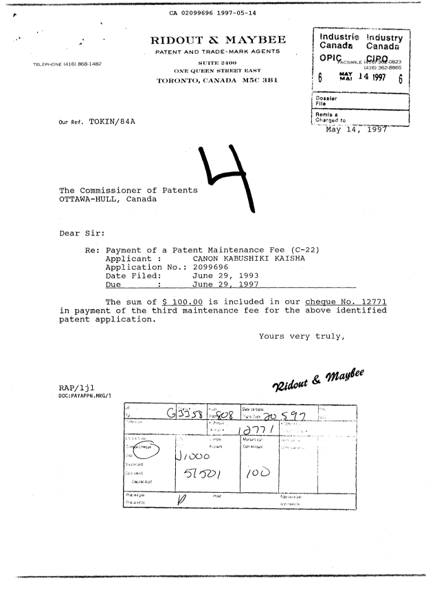 Document de brevet canadien 2099696. Taxes 19970514. Image 1 de 1