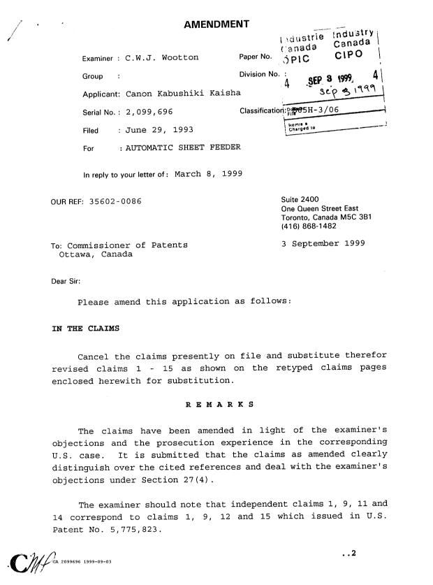 Canadian Patent Document 2099696. Prosecution Correspondence 19990903. Image 1 of 2