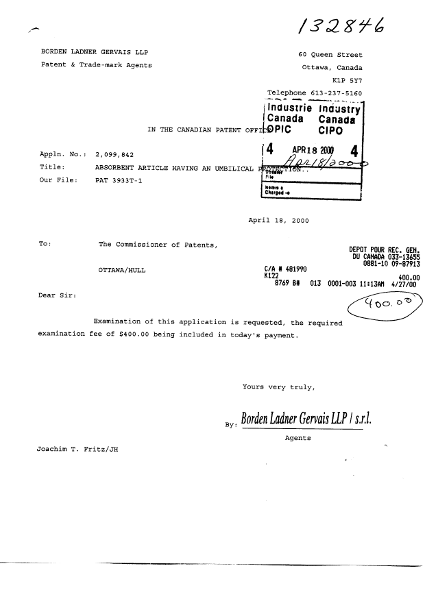 Canadian Patent Document 2099842. Prosecution-Amendment 20000418. Image 1 of 1