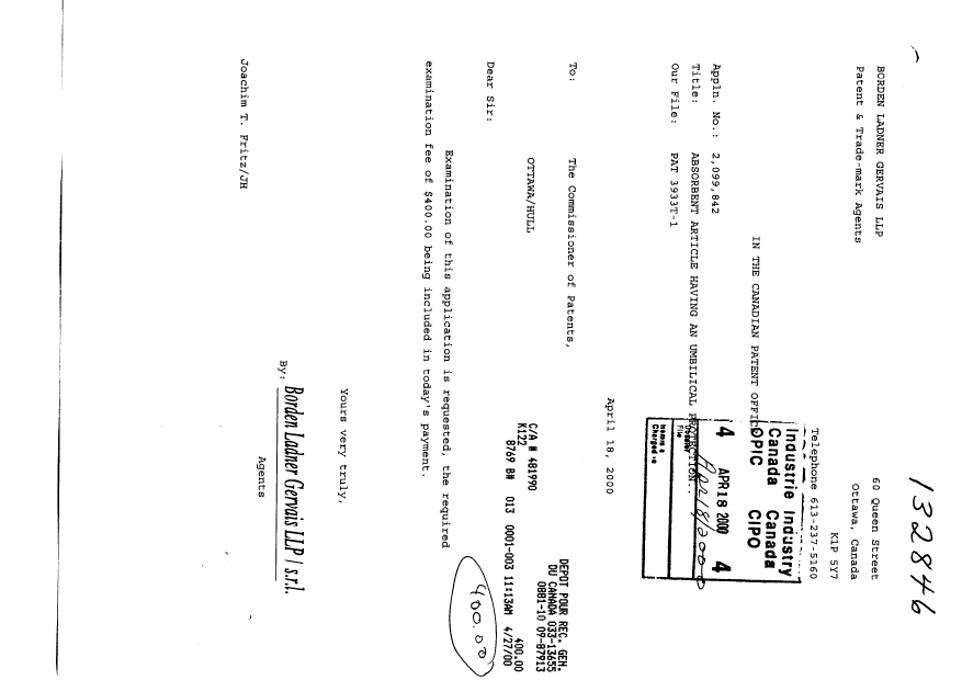 Canadian Patent Document 2099842. Prosecution-Amendment 20000418. Image 1 of 1