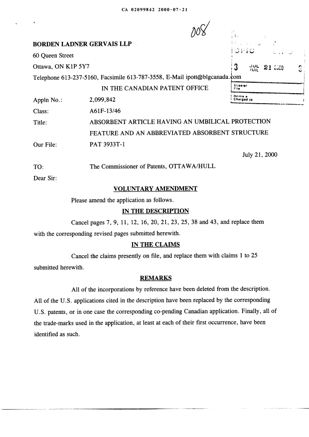 Canadian Patent Document 2099842. Prosecution-Amendment 20000721. Image 1 of 17