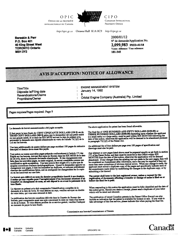 Document de brevet canadien 2099983. Correspondance 20000112. Image 1 de 1