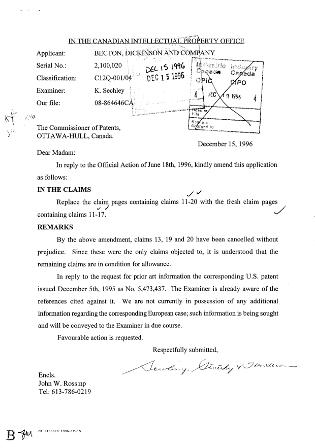Document de brevet canadien 2100020. Correspondance de la poursuite 19961215. Image 1 de 1