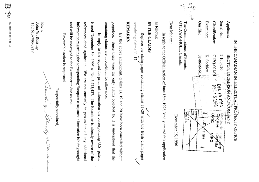 Canadian Patent Document 2100020. Prosecution Correspondence 19961215. Image 1 of 1