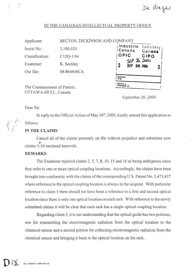 Canadian Patent Document 2100020. Prosecution Correspondence 20000926. Image 1 of 2