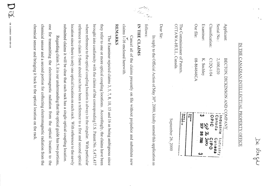 Canadian Patent Document 2100020. Prosecution Correspondence 20000926. Image 1 of 2