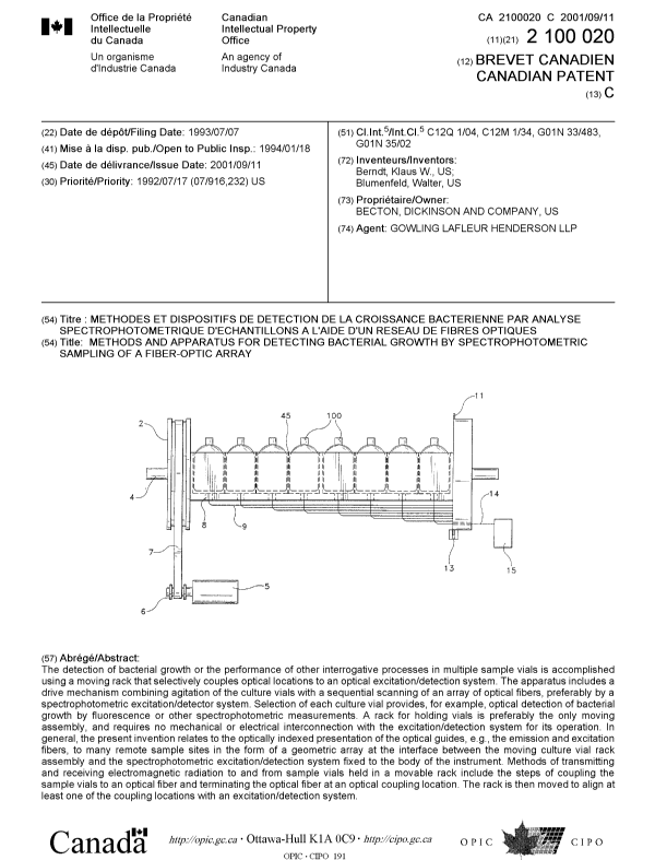 Canadian Patent Document 2100020. Cover Page 20010827. Image 1 of 1
