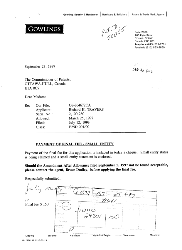 Document de brevet canadien 2100280. Correspondance reliée au PCT 19970923. Image 1 de 2