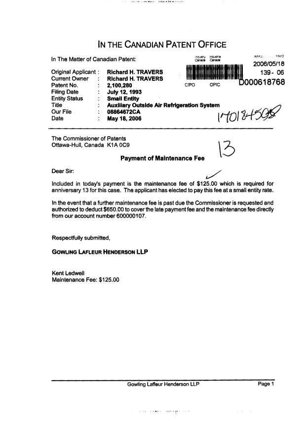 Document de brevet canadien 2100280. Taxes 20060518. Image 1 de 1