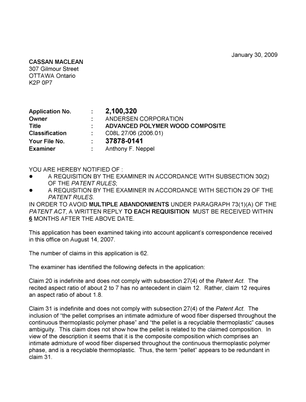 Canadian Patent Document 2100320. Prosecution-Amendment 20090130. Image 1 of 3