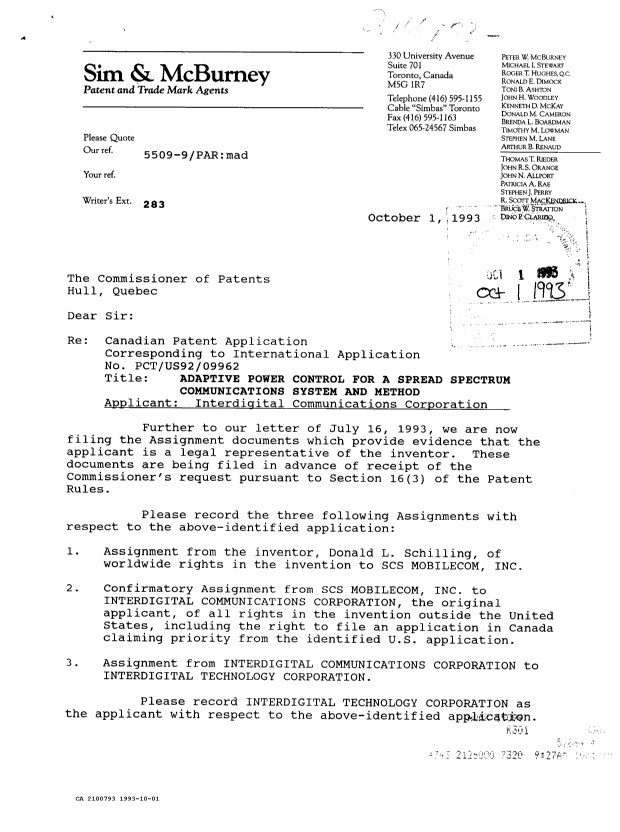 Canadian Patent Document 2100793. Assignment 19921201. Image 1 of 2