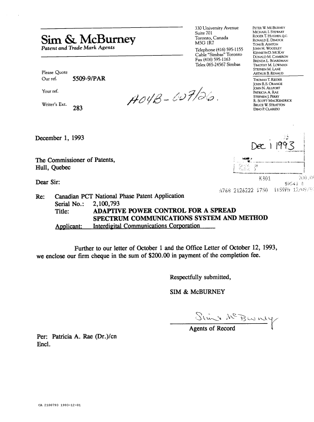 Document de brevet canadien 2100793. Correspondance 19921201. Image 1 de 1