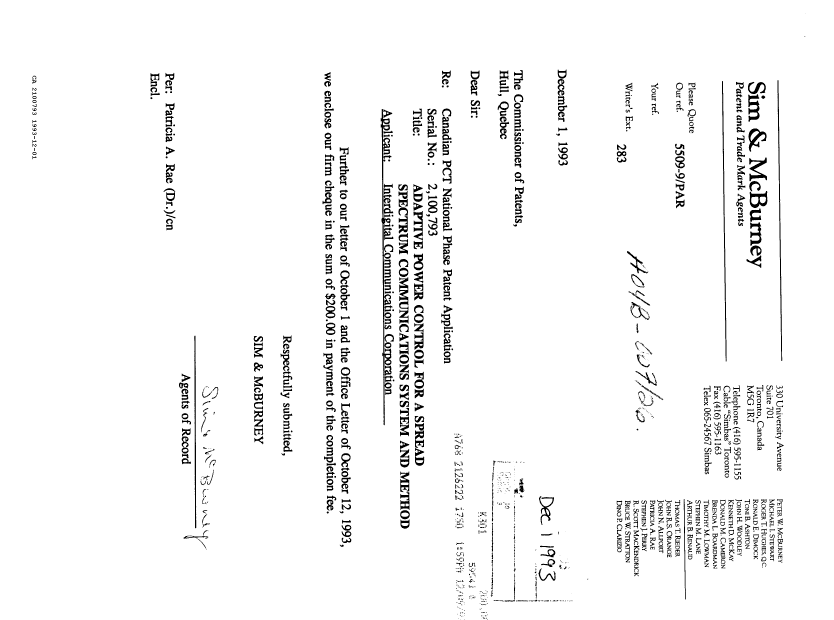 Document de brevet canadien 2100793. Correspondance 19921201. Image 1 de 1