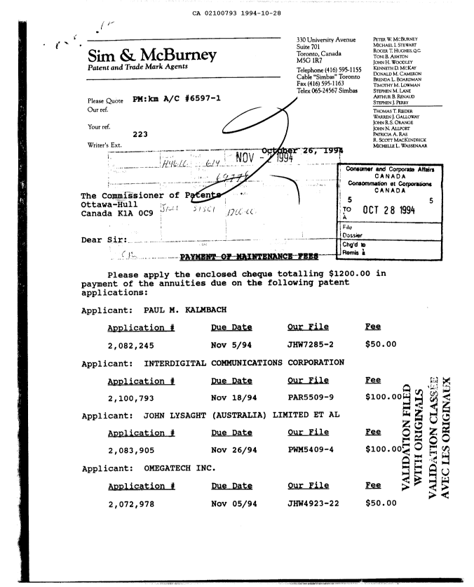 Canadian Patent Document 2100793. Fees 19931228. Image 1 of 1
