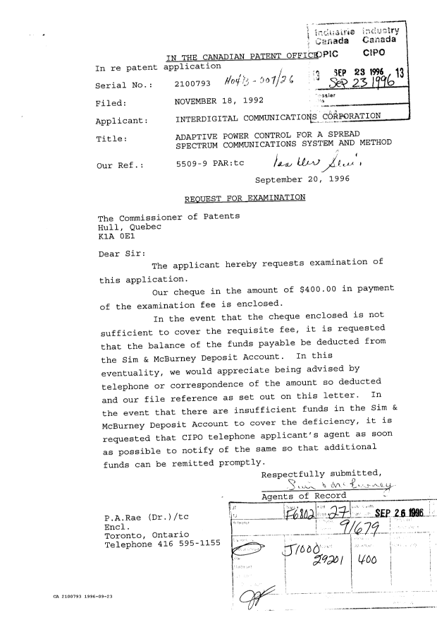 Canadian Patent Document 2100793. Prosecution Correspondence 19960923. Image 1 of 1