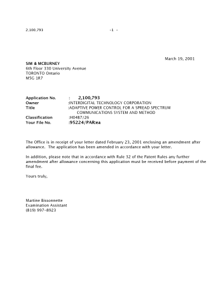 Canadian Patent Document 2100793. Prosecution-Amendment 20001219. Image 1 of 1