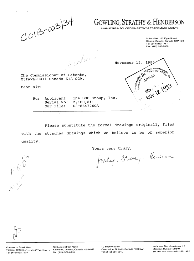 Canadian Patent Document 2100811. Prosecution Correspondence 19931112. Image 1 of 1