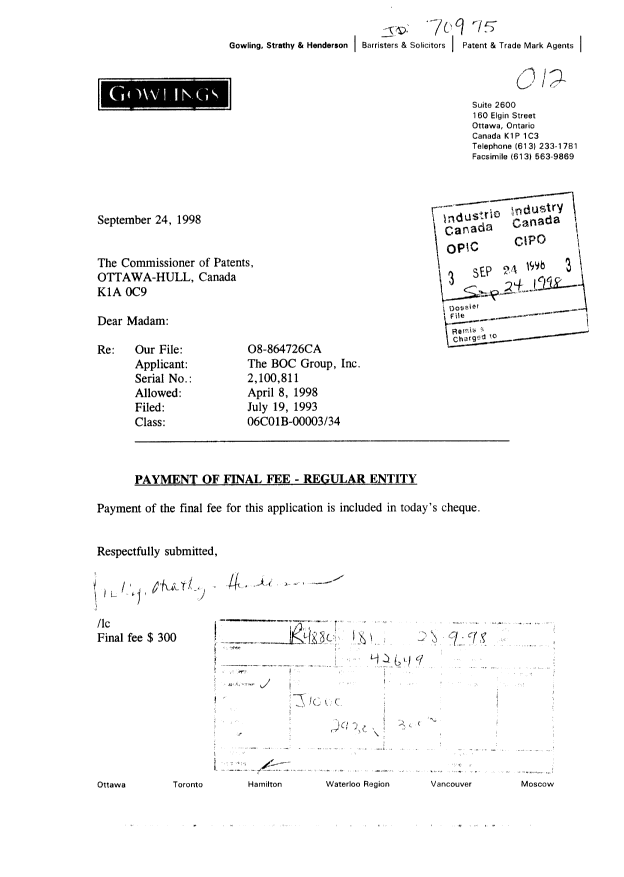 Document de brevet canadien 2100811. Correspondance 19980924. Image 1 de 1