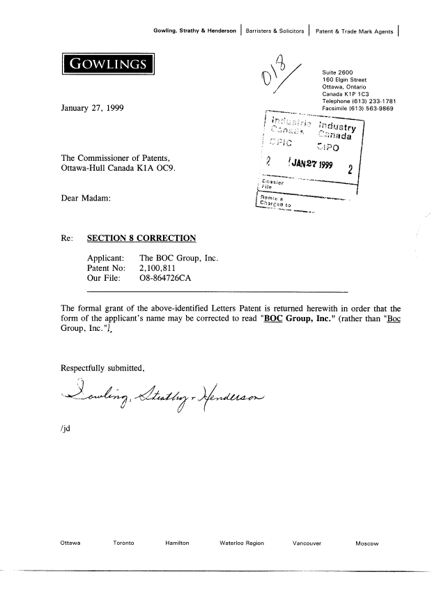 Document de brevet canadien 2100811. Correspondance 19990127. Image 1 de 1