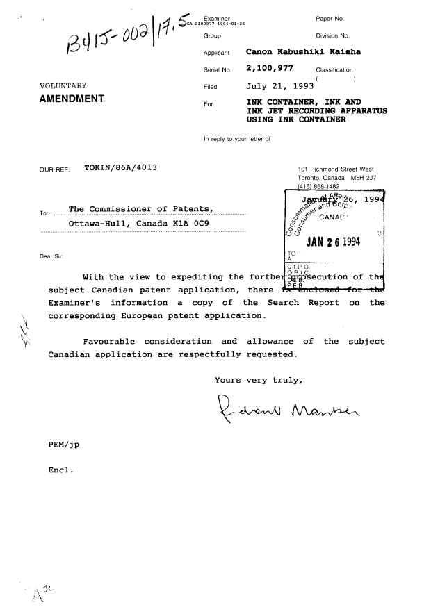Document de brevet canadien 2100977. Correspondance de la poursuite 19940126. Image 1 de 3