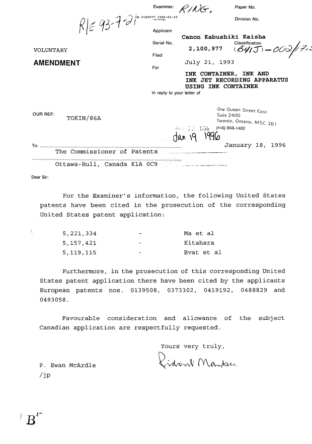 Document de brevet canadien 2100977. Correspondance de la poursuite 19960119. Image 1 de 1