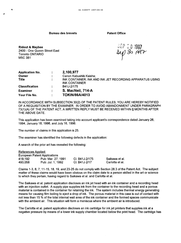 Document de brevet canadien 2100977. Demande d'examen 19970930. Image 1 de 2
