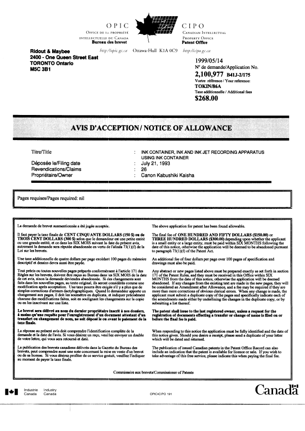 Canadian Patent Document 2100977. Correspondence 19990514. Image 1 of 1