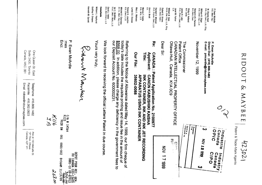 Canadian Patent Document 2100977. Correspondence 19991112. Image 1 of 1