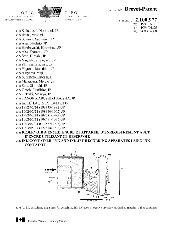 Document de brevet canadien 2100977. Page couverture 20000120. Image 1 de 2