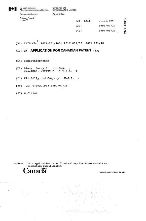Document de brevet canadien 2101356. Page couverture 19940319. Image 1 de 1