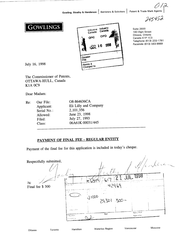 Canadian Patent Document 2101356. Correspondence 19971216. Image 1 of 1