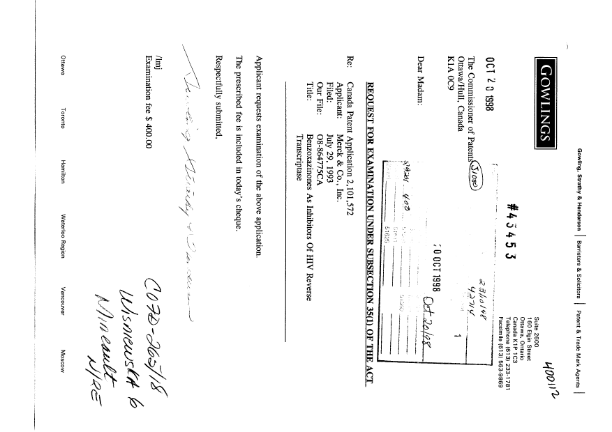 Canadian Patent Document 2101572. Prosecution-Amendment 19981020. Image 1 of 2